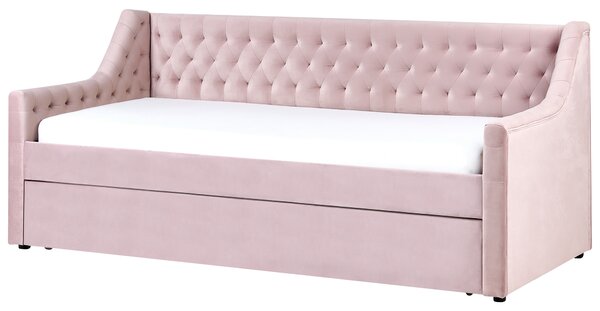 Rozkladacia posteľ ružová zamat 90 x 200 cm s roštom prešívané čelo s gombíkmi glamour štýl spálňa
