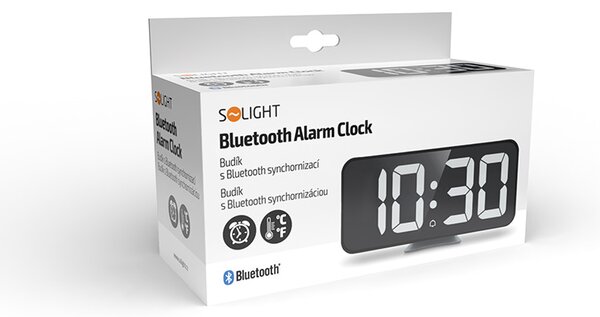 SOLIGHT Digitálne hodiny s Bluetooth synchronizáciou, LED displej, teplomer, budík, čierne