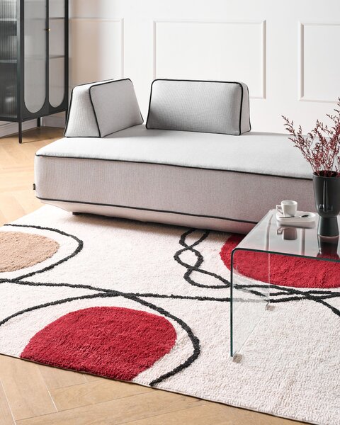 Bavlnený koberec béžový a červený 160 x 230 cm abstraktný vzor strapce nízky vlas moderný dizajn