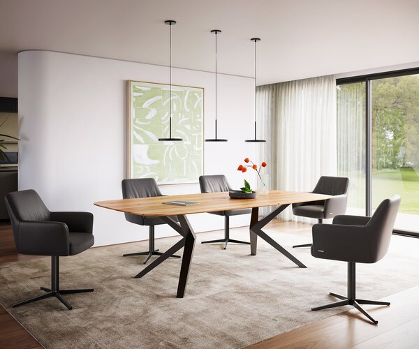 DELIFE Jedálenský stôl Edge zaoblený tvar 240x120x2,5-3 dub prírodný Zenthara hranatý kov čierny švajčiarska hrana