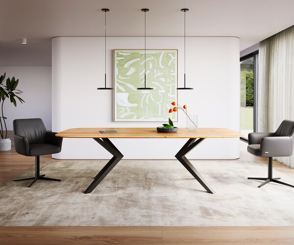 DELIFE Jedálenský stôl Edge zaoblený tvar 240x120x2,5-3 dub prírodný Zenthara hranatý kov čierny švajčiarska hrana