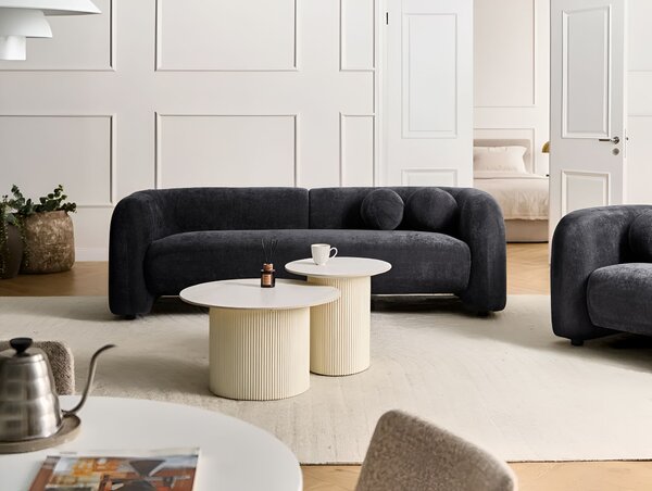Pohovka čierna ženilkové čalúnenie 3-miestna extra vankúše retro glamour art deco štýl obývačka