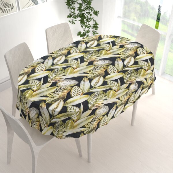 Biante Zamatový oválny obrus Tamara TMR-010 Zlaté tropické listy na zelenom 100x140 cm