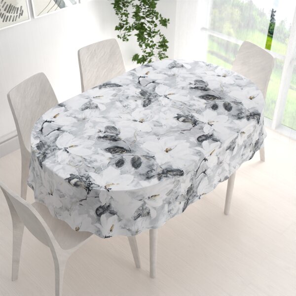 Biante Zamatový oválny obrus Tamara TMR-006 Designové kvety na sivom 140x180 cm
