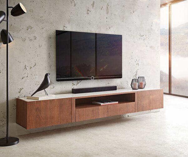 DELIFE TV stolík Secara 220 cm akácia hnedá 2 dvierka 2 zásuvky mramor závesný