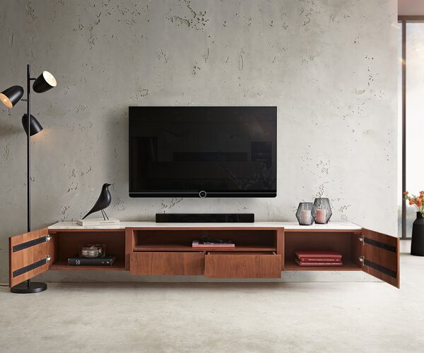 DELIFE TV stolík Secara 220 cm akácia hnedá 2 dvierka 2 zásuvky mramor závesný