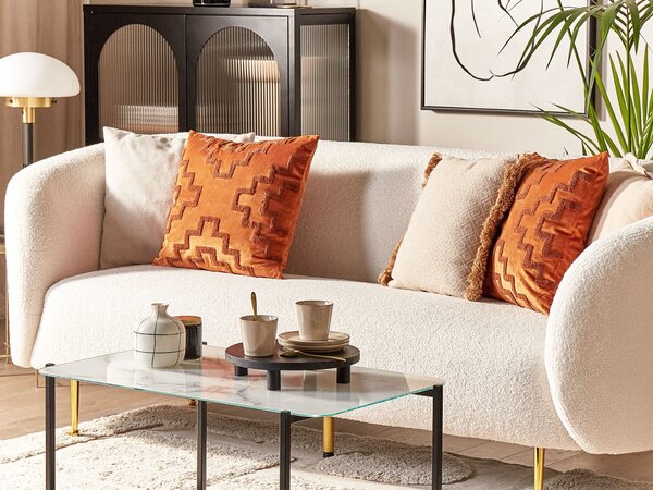 Sada 2 dekoratívnych vankúšov oranžová zamatová 45 x 45 cm geometrický vzor glamour elegantné bytové doplnky