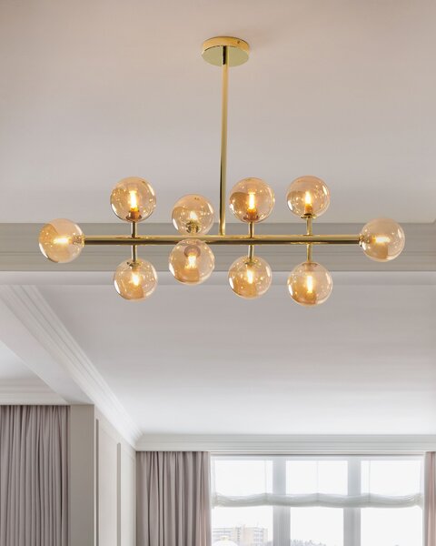 Závesná lampa zlatá oceľ sklo 10 svetiel okrúhle tienidlá na strop moderný glamour štýl obývačka jedáleň spálňa
