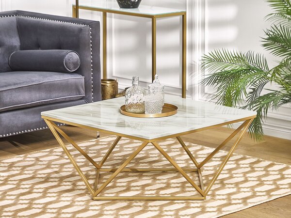 Konferenčný stolík béžová vrchná doska zlatý kovový podstavec 80 x 80 cm mramorová povrchová úprava glamour štýl