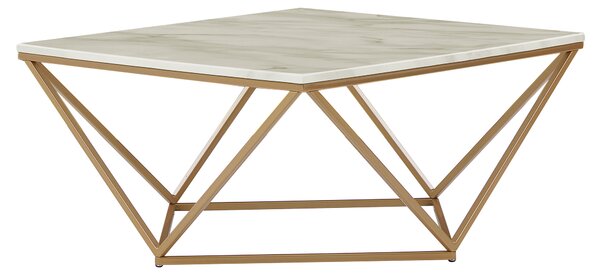 Konferenčný stolík béžová vrchná doska zlatý kovový podstavec 80 x 80 cm mramorová povrchová úprava glamour štýl
