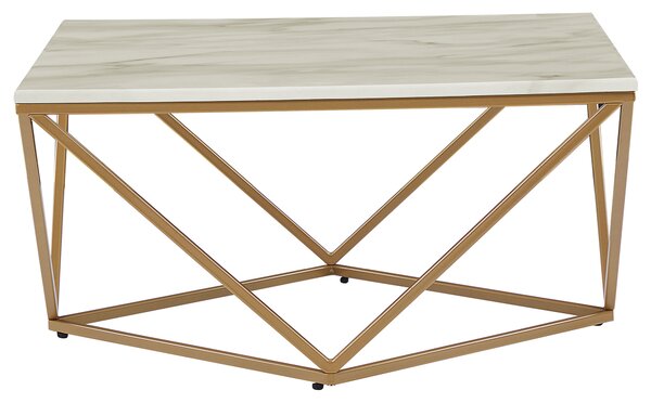 Konferenčný stolík béžová vrchná doska zlatý kovový podstavec 80 x 80 cm mramorová povrchová úprava glamour štýl