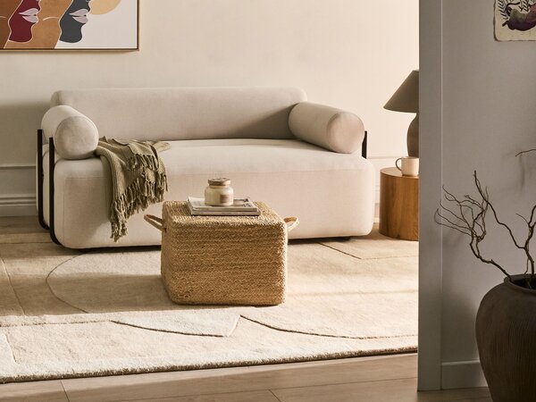 Taburetka prírodná béžová juta 45 x 45 x 30 cm obdĺžnikový tvar s rúčkami podnožka puf moderný boho štýl obývačka spálňa
