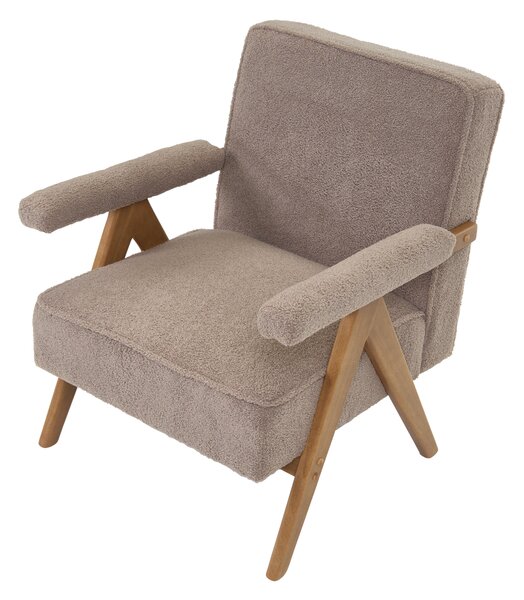 Kreslo sivobéžová buklé čalúnené polyester retro dizajn drevené nohy opierky rúk obývacia izba