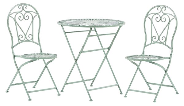 Balkónová bistro sada zelená kovová okrúhly stolík 70 cm skladacie stoličky vintage balkón terasa