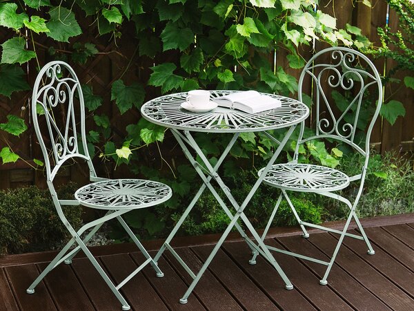 Balkónová bistro sada zelená kovová okrúhly stolík 70 cm skladacie stoličky vintage balkón terasa