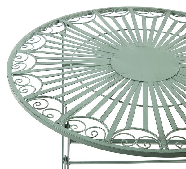 Balkónová bistro sada zelená kovová okrúhly stolík 70 cm skladacie stoličky vintage balkón terasa