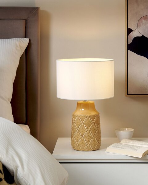 Stolná lampa žltá keramický podstavec látkové tienidlo lesklá nočná lampa svietidlo moderný dizajn