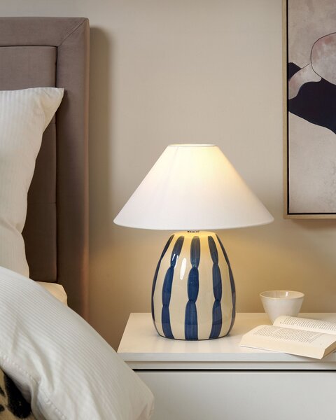 Stolná lampa svetlobéžová a modrá keramická 41 cm biele kužeľové tienidlo ručne vyrobená nočná lampa obývačka spálňa