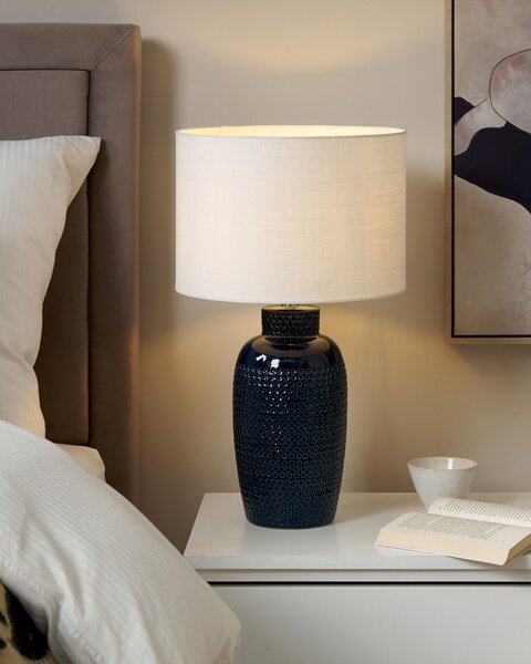 Stolná lampa námornícka modrá keramická 53 cm biele tienidlo ručne vyrobená nočná lampa osvetlenie do obývačky a spálne