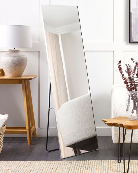 Stojace zrkadlo strieborné hliníkový rám 50 x 156 cm obdĺžnikové so stojanom moderný dizajn