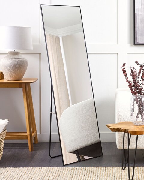 Stojace zrkadlo čierne hliníkový rám 50 x 156 cm obdĺžnikové so stojanom moderný dizajn