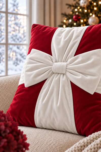 Velúrová obliečka na vankúš CHRISTMAS BOW červená s bielou 45x45 cm