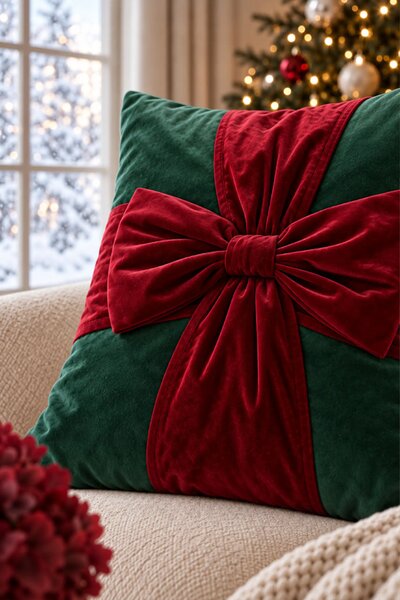 Velúrová obliečka na vankúš CHRISTMAS BOW zelená 45x45 cm