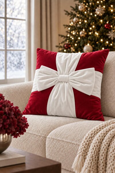 Velúrová obliečka na vankúš CHRISTMAS BOW červená s bielou 45x45 cm