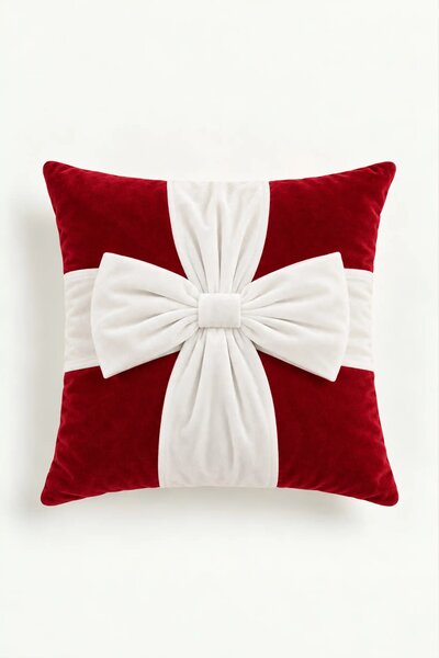 Velúrová obliečka na vankúš CHRISTMAS BOW červená s bielou 45x45 cm