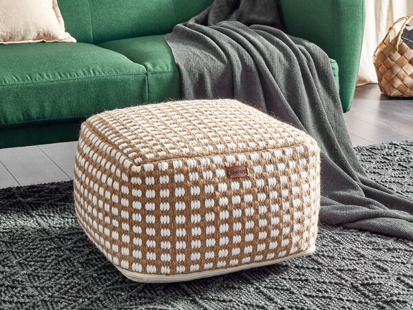 Taburet béžový bavlna a vlna 50 x 50 x 30 cm ručne vyrobený štvorcový puf s výplňou boho štýl