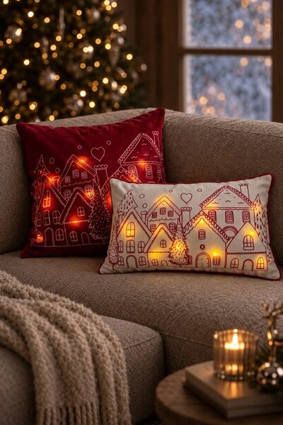 Velúrová obliečka na vankúš HOUSES LED bordová 45x45 cm