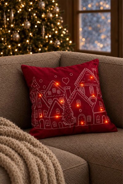 Velúrová obliečka na vankúš HOUSES LED bordová 45x45 cm