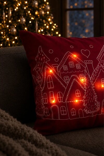 Velúrová obliečka na vankúš HOUSES LED bordová 45x45 cm