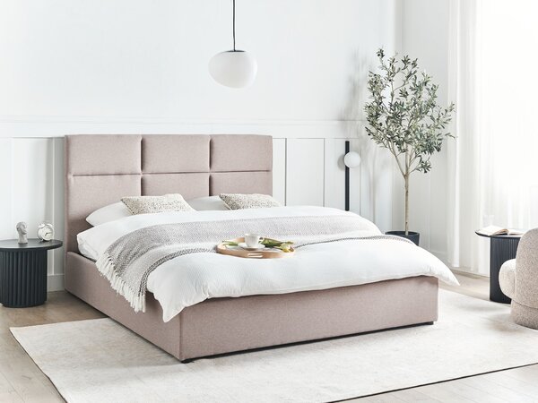 Posteľ s úložným priestorom sivobéžová látkové čalúnenie polyester 160 x 200 cm s čelom moderný štýl spálňa