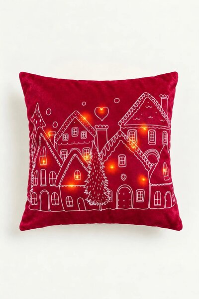 Velúrová obliečka na vankúš HOUSES LED bordová 45x45 cm