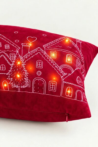 Velúrová obliečka na vankúš HOUSES LED bordová 45x45 cm