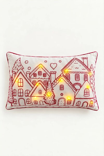 Velúrová obliečka na vankúš HOUSES LED biela 30x50 cm
