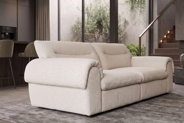 Moderná buklé štvormiestna sedačka Sadie so svetlým krémovým béžovým poťahom a minimalistickým prešívaním 245 cm