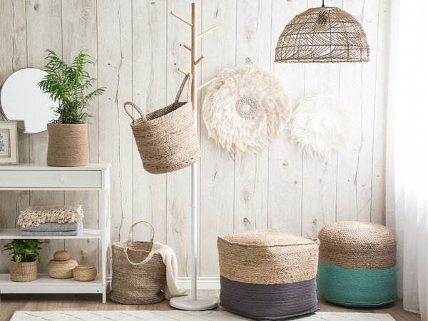 Puf taburetka sivá jutová s výplňou z polystyrénového granulátu štvorcový puf 44 x 44 cm boho štýl