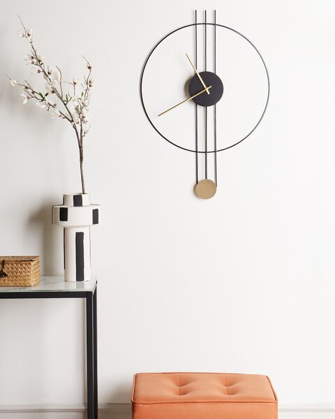 Nástenné hodiny čierna oceľ kov 44 x 65 cm s kyvadlom dizajn bez čísel moderný minimalistický štýl obývacia izba doplnky