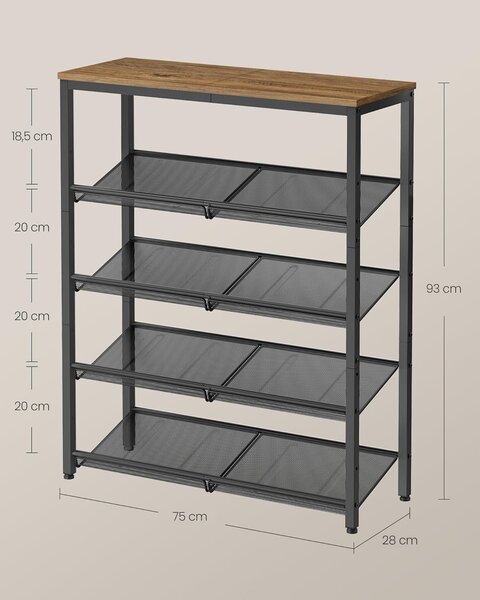 VASAGLE Botník 5 políc 75 x 93 x 28 cm priemyselná čierna
