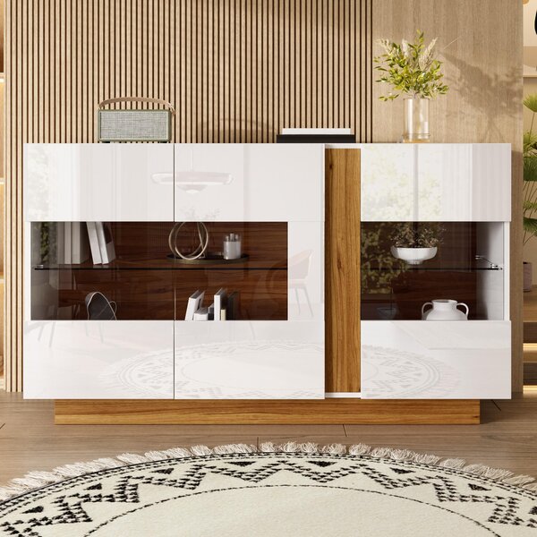 Komoda s 3 akryllovými dvierkami, rozmer 120x38x80 cm, farba: biela, materiál: drevotrieska, s nastaviteľným LED osvetlením a 2 priehradkami, vhodná do obývačky, chodby alebo spálne
