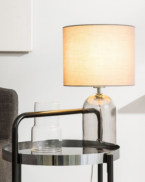 Stolná lampa sivá priehľadná sklenený podstavec 44 cm dymové sklo látkové tienidlo moderný štýl obývačka spálňa