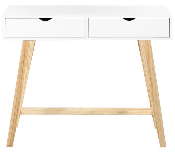 Konzolový stolík biela stolová doska MDF svetlé drevené nohy 101 x 36 x 78 cm 2 zásuvky predsieň obývačka škandinávsky štýl