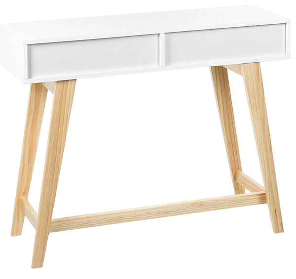 Konzolový stolík biela stolová doska MDF svetlé drevené nohy 101 x 36 x 78 cm 2 zásuvky predsieň obývačka škandinávsky štýl