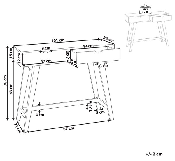 Konzolový stolík biela stolová doska MDF svetlé drevené nohy 101 x 36 x 78 cm 2 zásuvky predsieň obývačka škandinávsky štýl