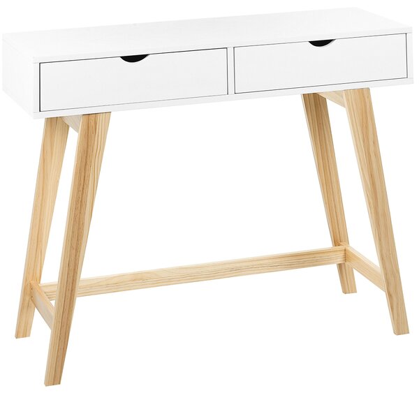 Konzolový stolík biela stolová doska MDF svetlé drevené nohy 101 x 36 x 78 cm 2 zásuvky predsieň obývačka škandinávsky štýl