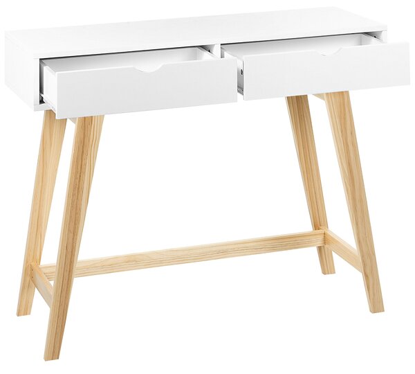 Konzolový stolík biela stolová doska MDF svetlé drevené nohy 101 x 36 x 78 cm 2 zásuvky predsieň obývačka škandinávsky štýl