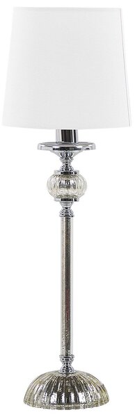 Stolná lampa na nočný stolík biele látkové tienidlo strieborný kovový podstavec glamour štýl obývacia izba spálňa