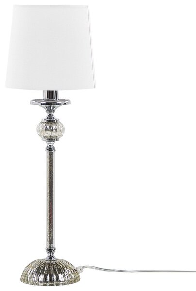 Stolná lampa na nočný stolík biele látkové tienidlo strieborný kovový podstavec glamour štýl obývacia izba spálňa